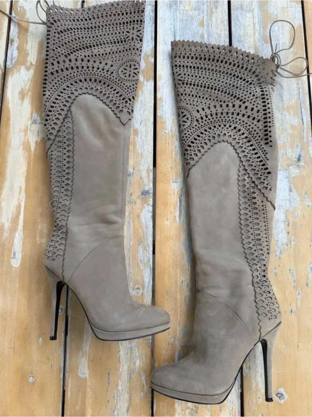 Pour La Victoire Taupe Suede Over-the-Knee Laser-Cut Boots size 7